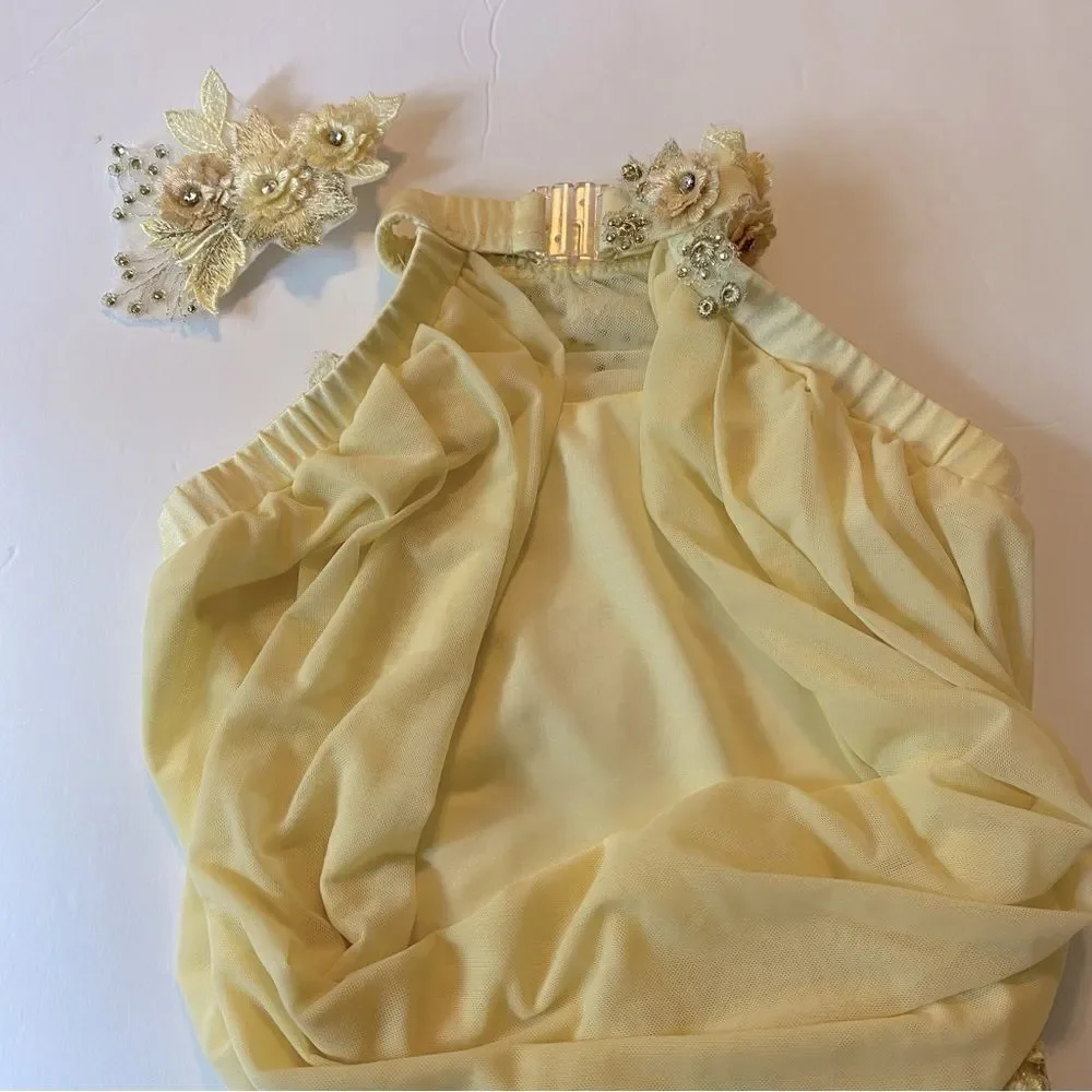 Glamour solo dance costume leotard pale yellow embellished rhinestone lace MC